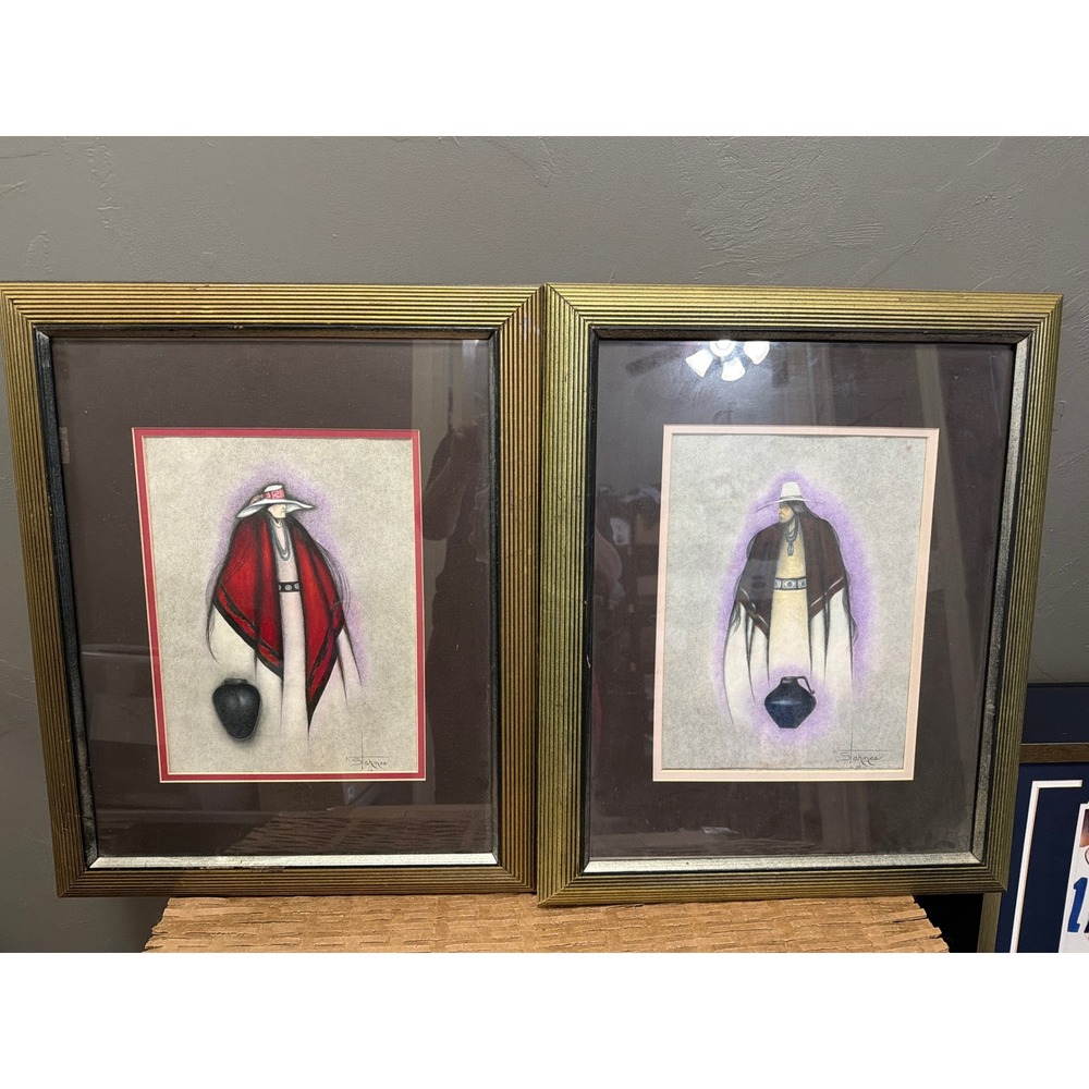 Vintage 1996 S Starnes Signed Pottery People Southwest Art Framed Set of 2